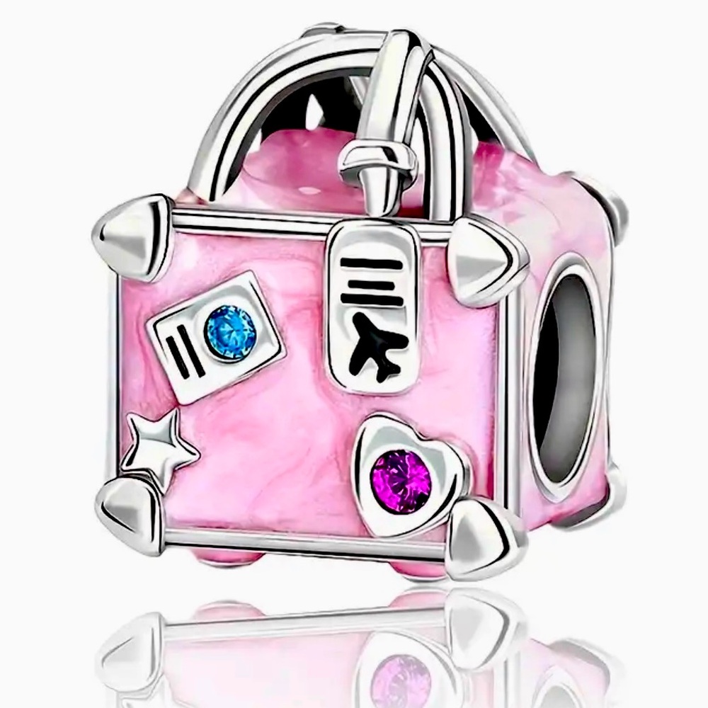 silver pink luggage with crystals charm NWT